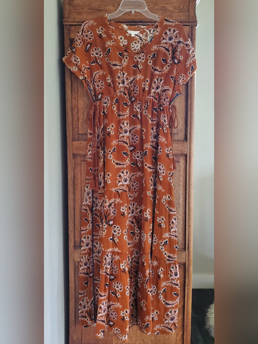 VOLOSHIN AKO RUFFLE TIERED DOUBLE GAUZE COTTON BOHO MAXI DRESS In UMBER/SMALL
